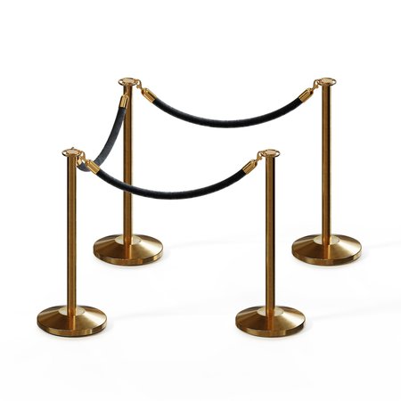 MONTOUR LINE Stanchion Post and Rope Kit Sat.Brass, 4 Flat Top 3 Black Rope C-Kit-4-SB-FL-3-PVR-BK-PB